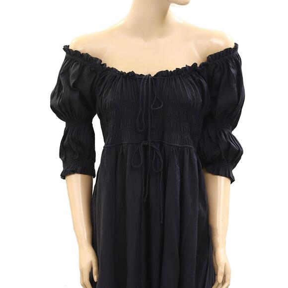 Doen Ischia Maxi Dress Smocked Puff Sleeve Solid Ruffle Badydoll Navy S 275610 - Picture 13 of 15